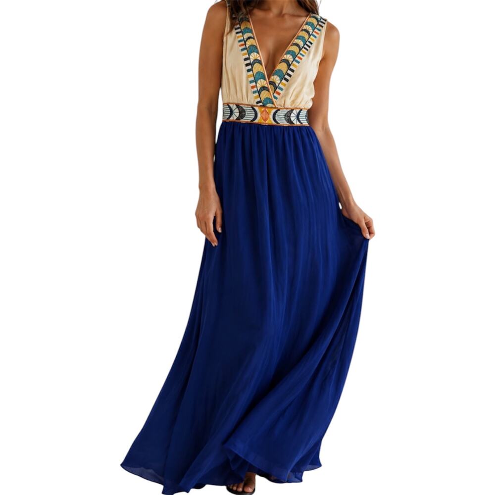 Flying Tomato Maxi Dress Deep V Boho Embroidered Flowy Aztec Cream Blue Small